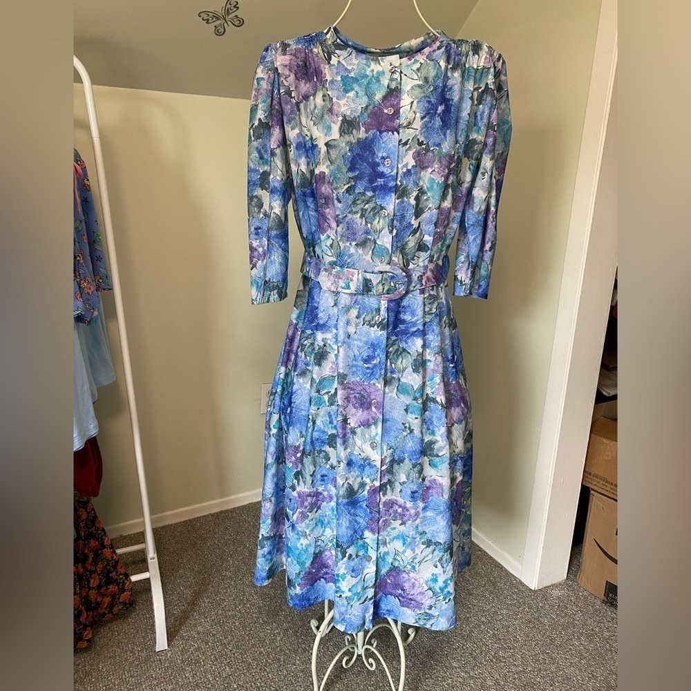 St. Michael 80s Vintage Watercolour Belted Shirt Dress, 3/4 Sleeves, size 12